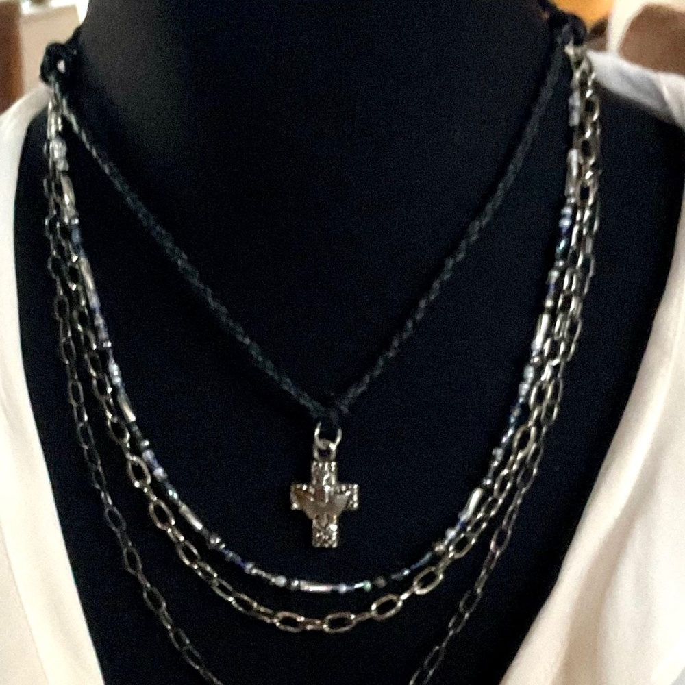 Four Strand Necklace with Silver Cross Adjustable
